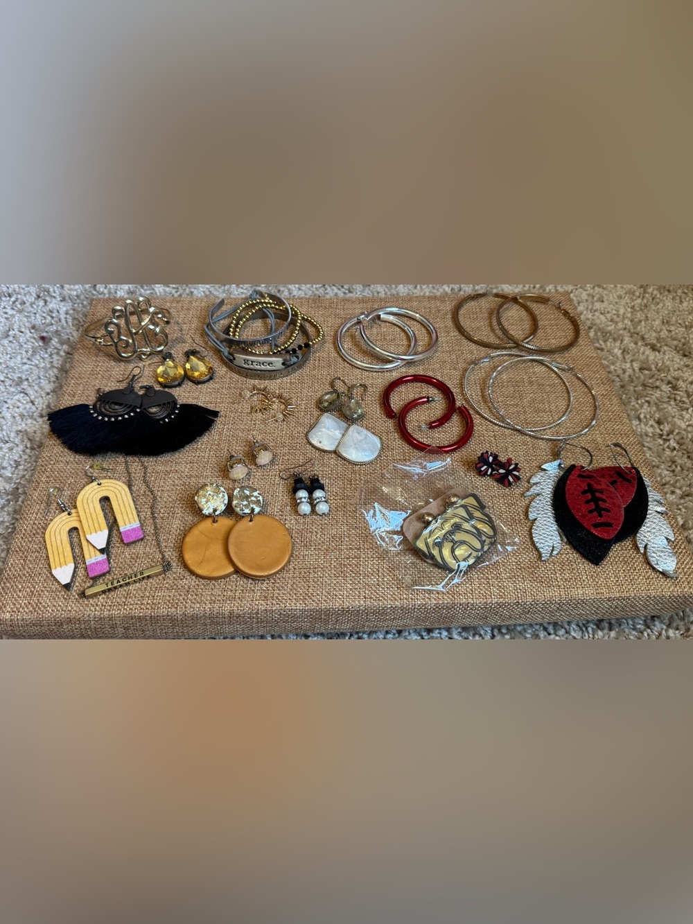 Assorted Jewelry Bundle Ft. Teacher, Football, Bulldogs, Hoops, & Bracelets
